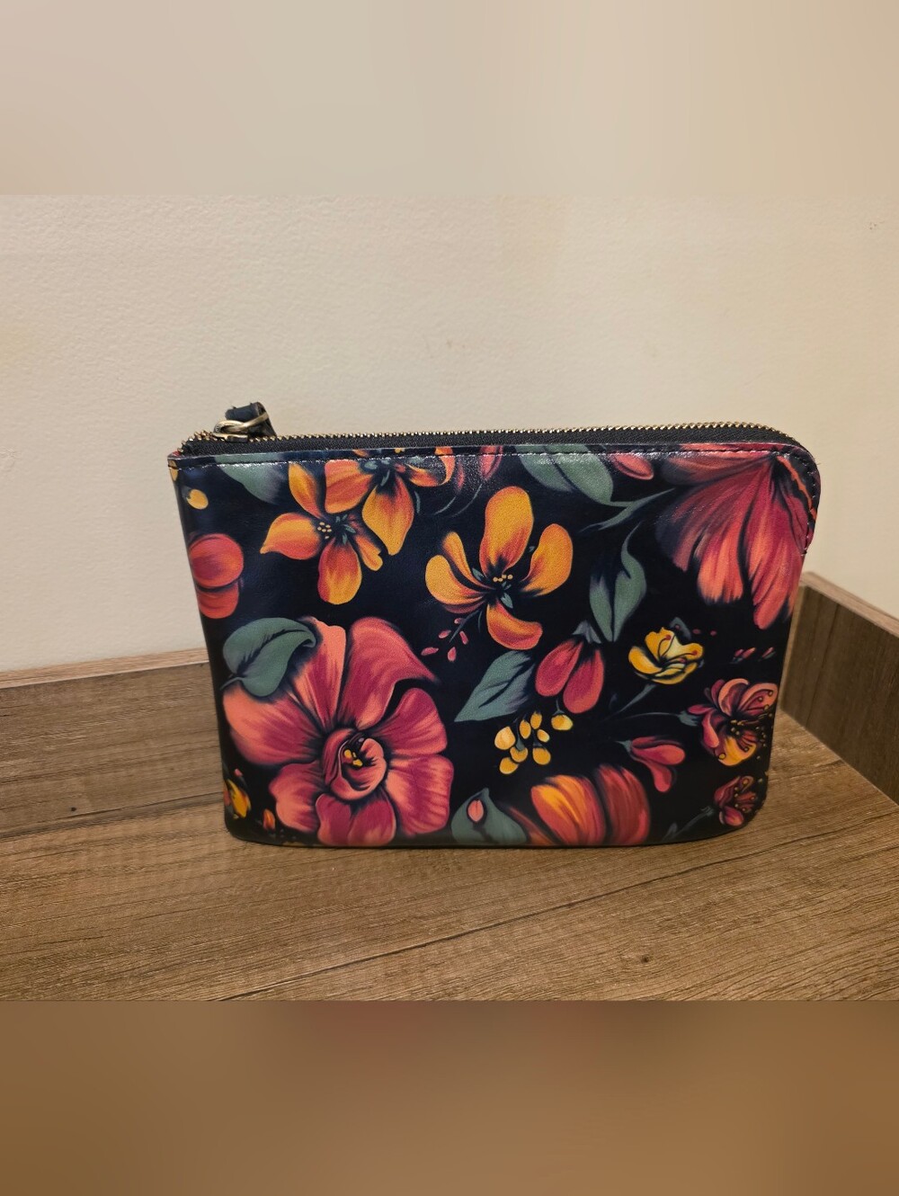 Particia Nash Floral Zip Pouch Clutch in Navy with Pink & Yellow Blooms